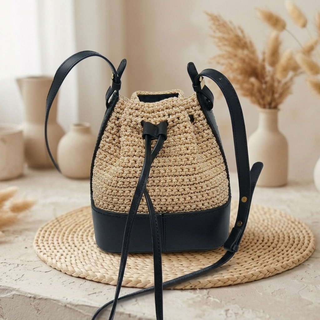 sac au crochet fait main beige et noir